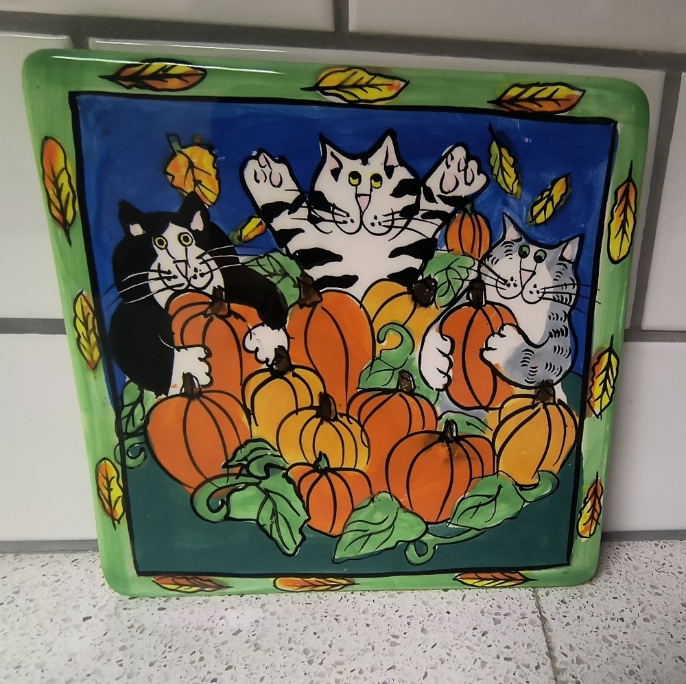 Catzilla Halloween Pumpkin Patch Hot Plate Trivet 6" x 6" Candace Reiter 2002
